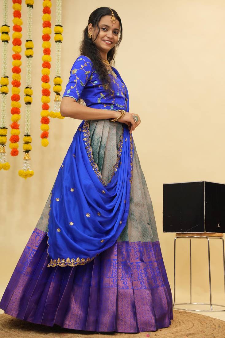 Blue Embroidered Taffeta lehenga choli