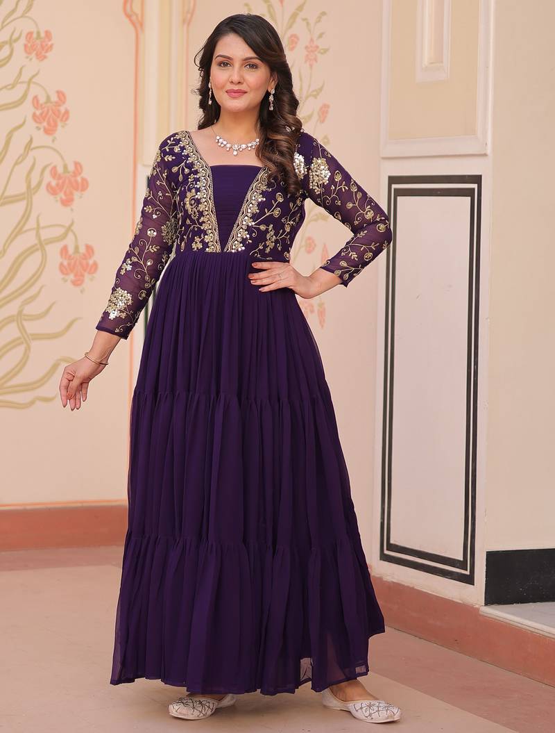 Purple Georgette Sequins Traditional Anarkali Gown