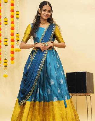 Turquoise Embroidered Art Silk lehenga choli 1