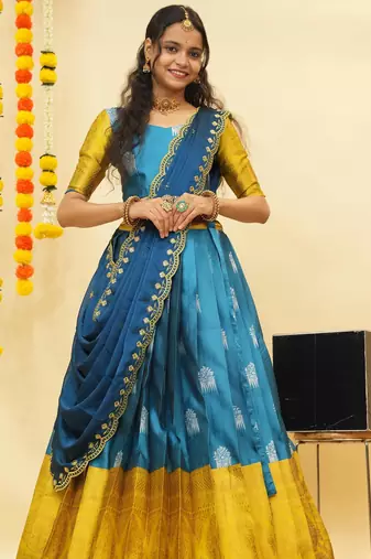 Turquoise Embroidered Art Silk lehenga choli