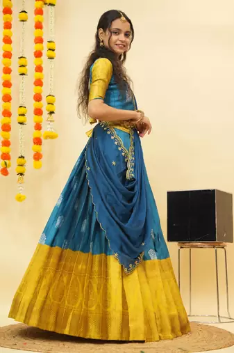 Turquoise Embroidered Art Silk lehenga choli