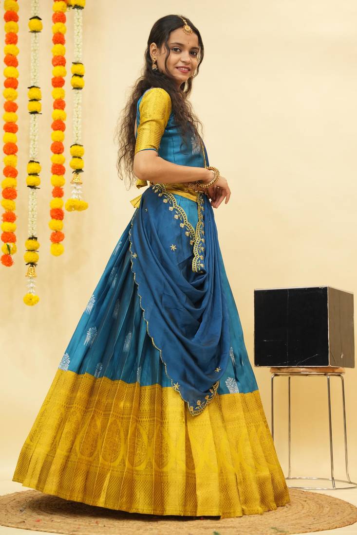 Turquoise Embroidered Art Silk lehenga choli