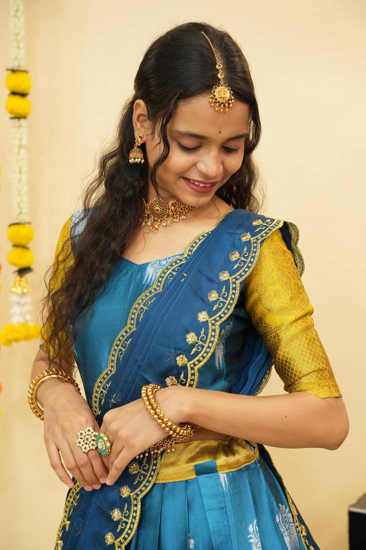 Turquoise Embroidered Art Silk lehenga choli