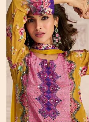 yellow heavy crepe digital print palazzo suit-Full Stitched Free size 2