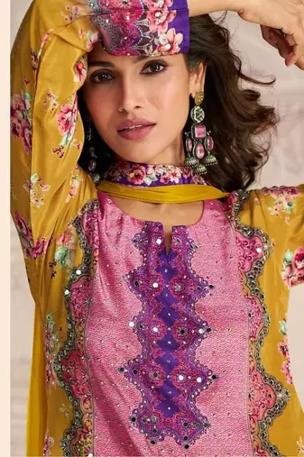 yellow heavy crepe digital print palazzo suit-Full Stitched Free size