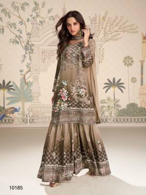brown heavy crepe digital print palazzo suit-Full Stitched Free size 1