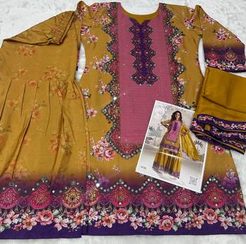 yellow heavy crepe digital print palazzo suit-Full Stitched Free size 3