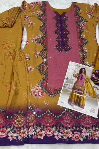 yellow heavy crepe digital print palazzo suit-Full Stitched Free size