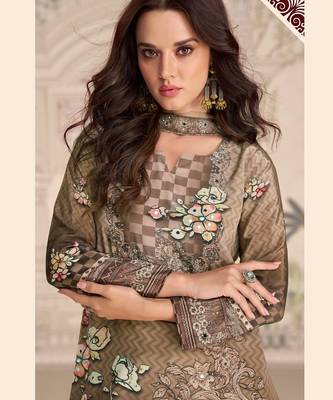brown heavy crepe digital print palazzo suit-Full Stitched Free size 2