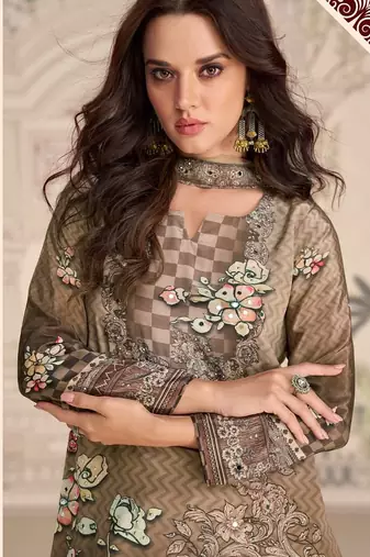 brown heavy crepe digital print palazzo suit-Full Stitched Free size