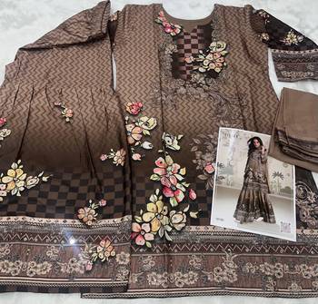 brown heavy crepe digital print palazzo suit-Full Stitched Free size 3