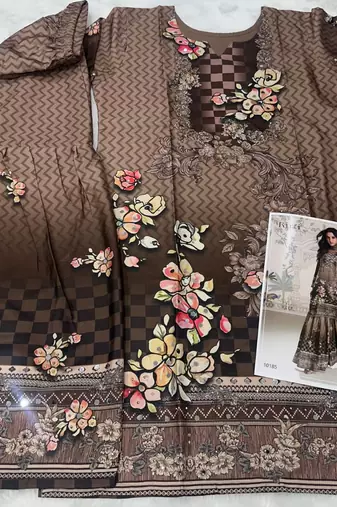 brown heavy crepe digital print palazzo suit-Full Stitched Free size