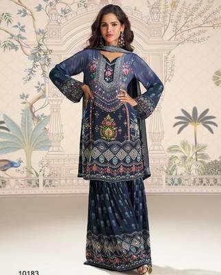 navy blue heavy crepe digital print palazzo suit-Full Stitched Free size 1