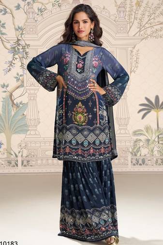 navy blue heavy crepe digital print palazzo suit-Full Stitched Free size