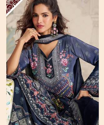 navy blue heavy crepe digital print palazzo suit-Full Stitched Free size 2
