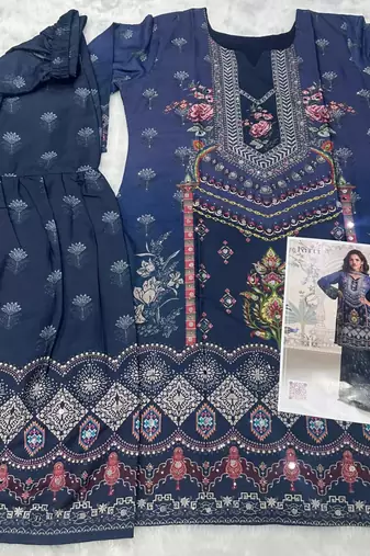 navy blue heavy crepe digital print palazzo suit-Full Stitched Free size