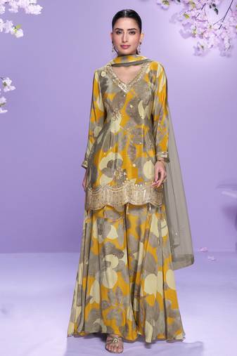 yellow floral print chiffon salwar-kameez