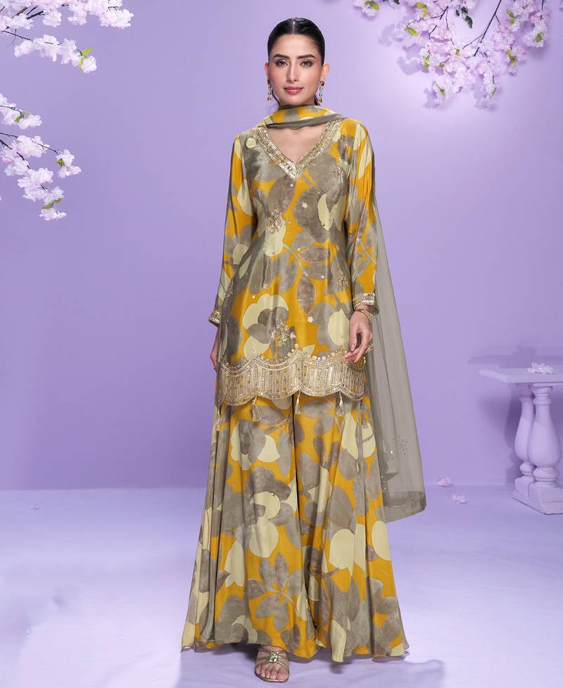 yellow floral print chiffon salwar-kameez