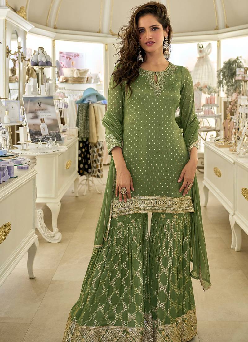 green embroidered banarasi salwar-kameez