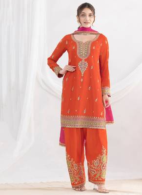 orange embroidered chiffon straight-suits 1