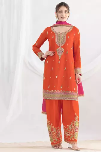 orange embroidered chiffon straight-suits