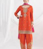 orange embroidered chiffon straight-suits