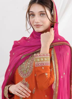 orange embroidered chiffon straight-suits 2