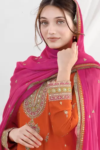 orange embroidered chiffon straight-suits