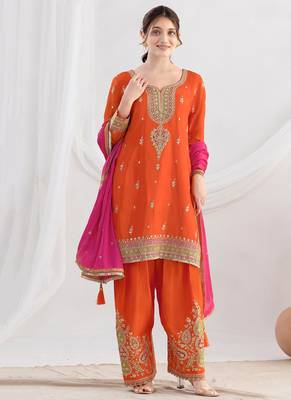 orange embroidered chiffon straight-suits 3