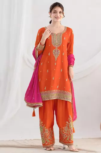 orange embroidered chiffon straight-suits