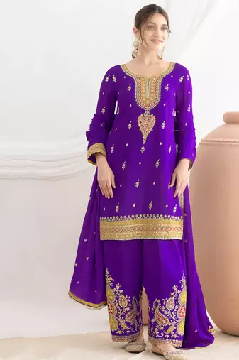 purple embroidered chiffon straight-suits