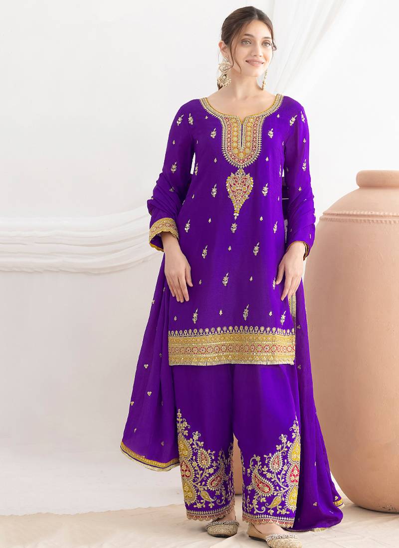 purple embroidered chiffon straight-suits