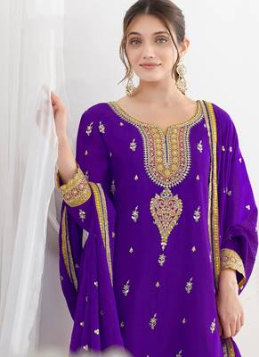 purple embroidered chiffon straight-suits 2
