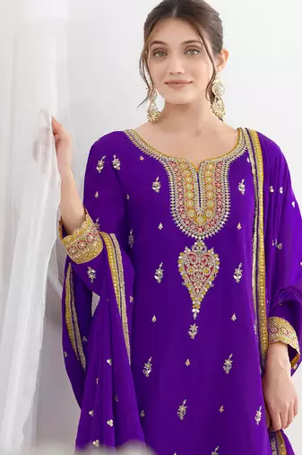 purple embroidered chiffon straight-suits
