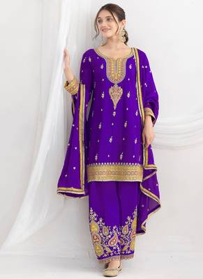 purple embroidered chiffon straight-suits 3