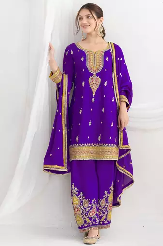 purple embroidered chiffon straight-suits