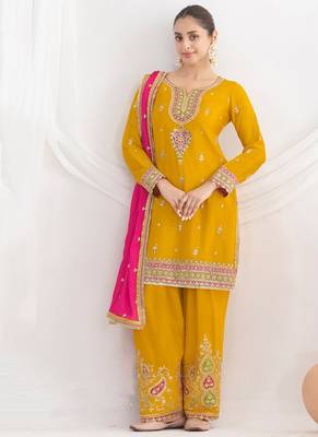 yellow embroidered chiffon straight-suits 1