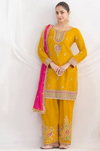 yellow embroidered chiffon straight-suits