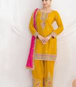 yellow embroidered chiffon straight-suits