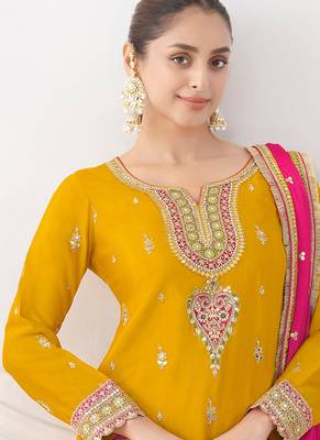 yellow embroidered chiffon straight-suits 2