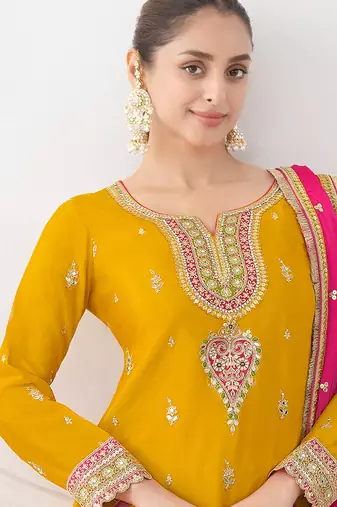 yellow embroidered chiffon straight-suits