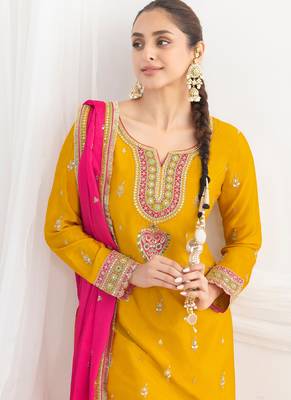 yellow embroidered chiffon straight-suits 3
