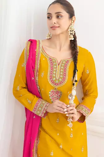 yellow embroidered chiffon straight-suits