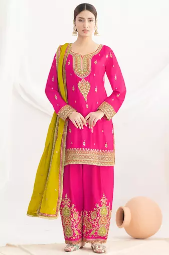 pink embroidered chiffon straight-suits