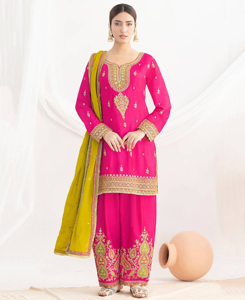 pink embroidered chiffon straight-suits