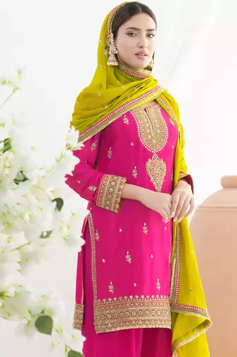 pink embroidered chiffon straight-suits