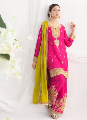 pink embroidered chiffon straight-suits 3