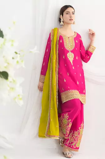 pink embroidered chiffon straight-suits