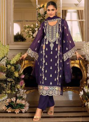purple embroidered chiffon straight-suits 1