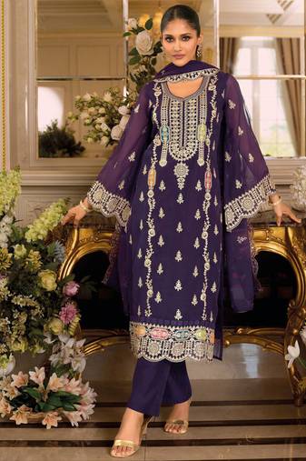 purple embroidered chiffon straight-suits